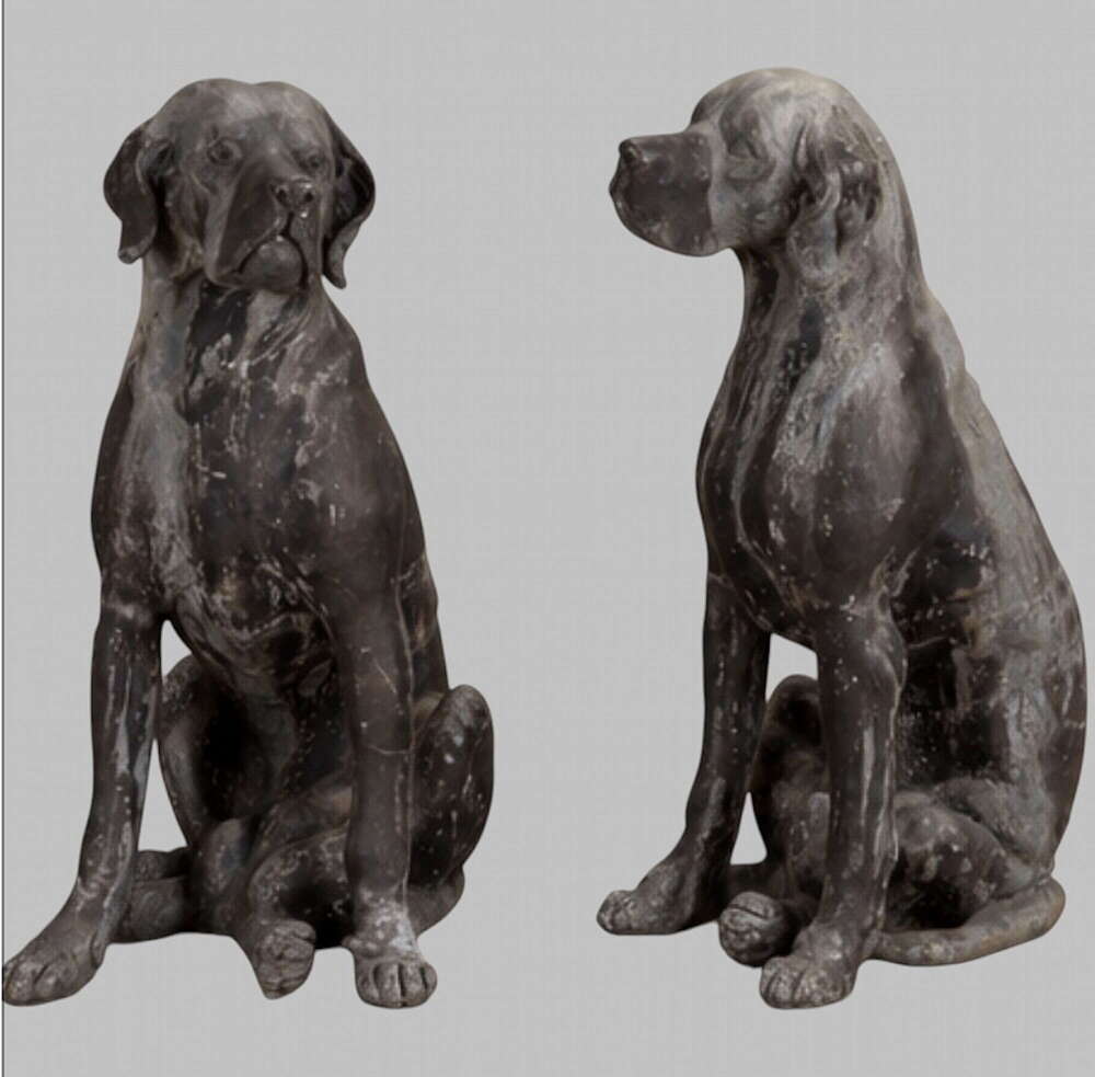 Pair of Life-Size English Cast Lead Seated Hounds English, circa 1920