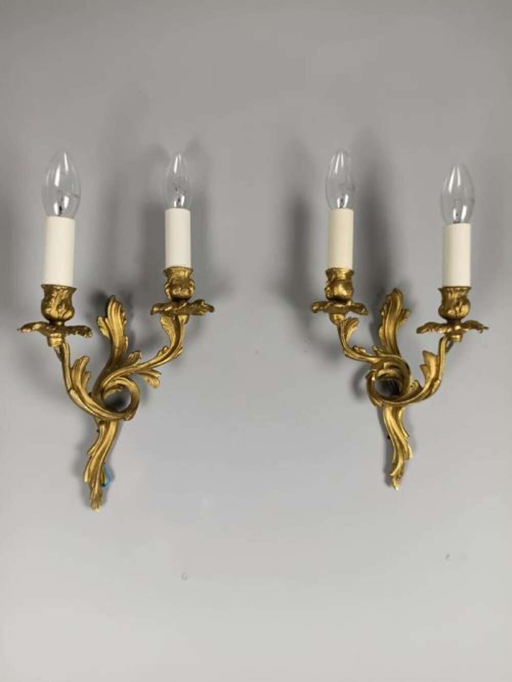 French Pair Of Small Gilded Twin Arm Antique Wall Lights