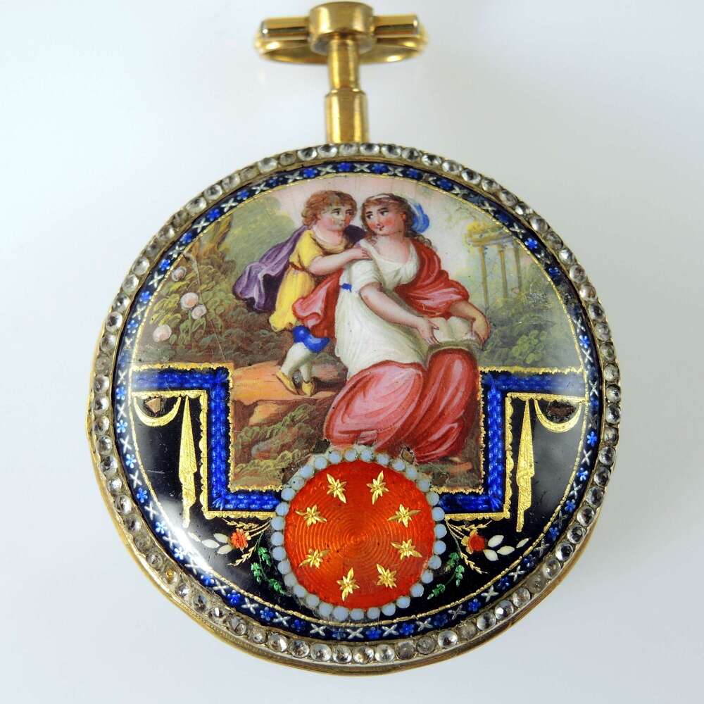 Gilt Leton, paste set enamel fusee pocket watch by Deroches c1810