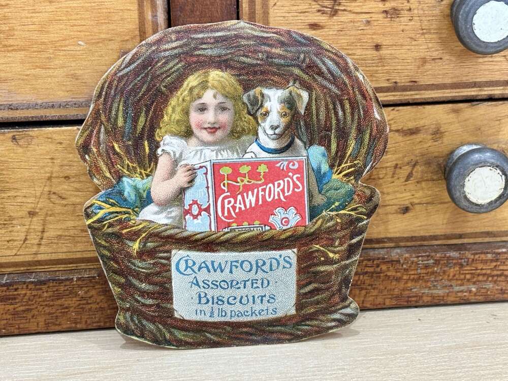 Crawford's Biscuits Girl & Dog In Basket  Advertising Trade Card Ephemera c1900s
