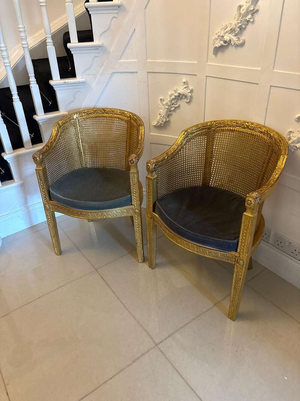 Antique Pair Of French Giltwood Bergere Armchairs