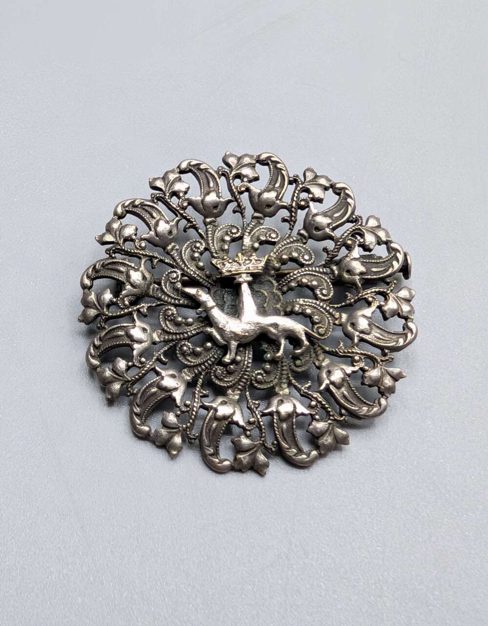 French silver filigree Brittany ermine and crown brooch, circa 1900