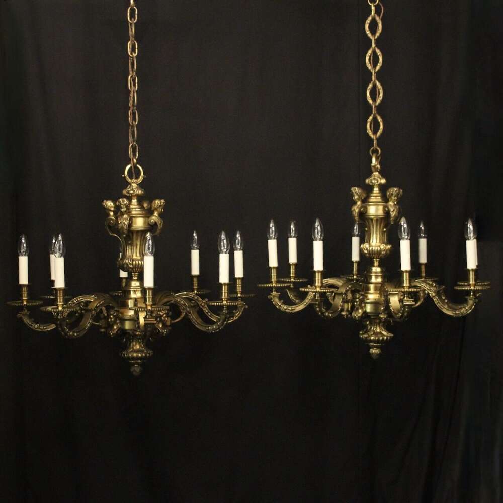 French Pair Bronze 8 Light Antique Chandeliers