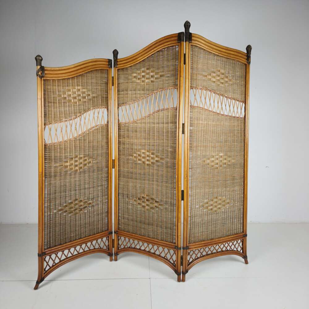 1970s Three-panel Rattan Room Divider With Wicker Panels