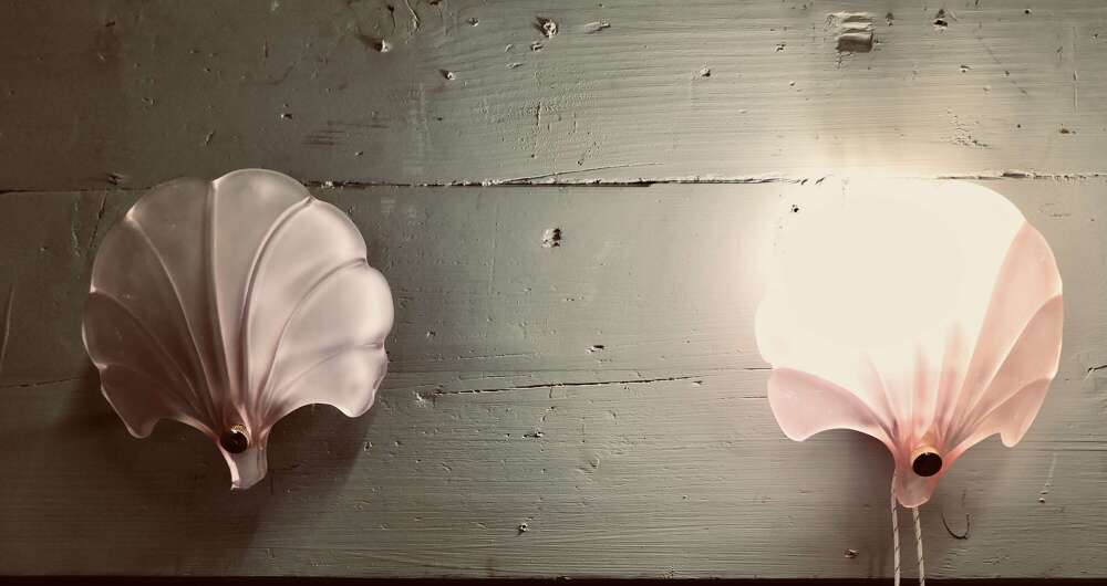 Pair of French Pink Glass Art Deco Shell Wall Lights  A very Pretty pair in the Art Deco