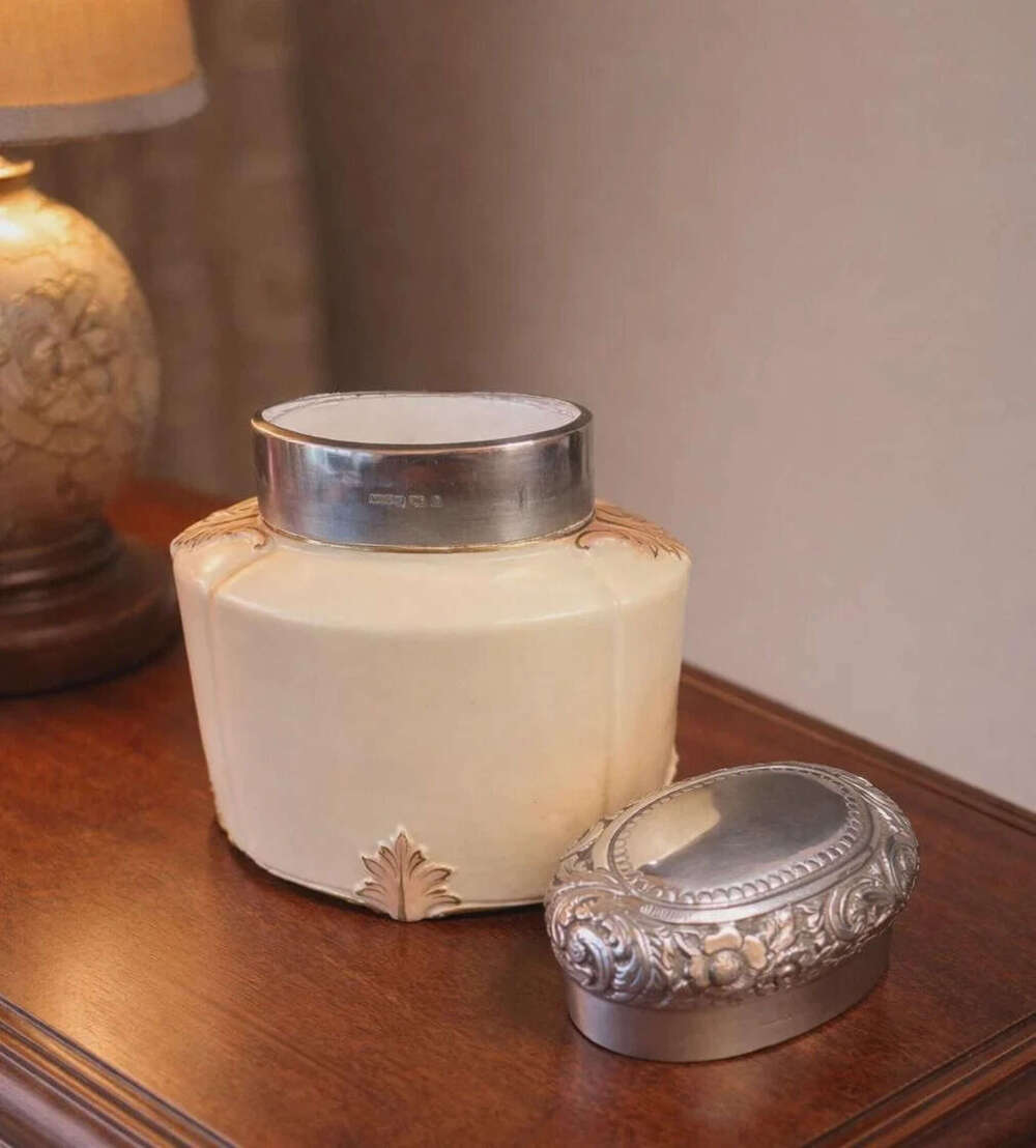 Antique Solid Sterling Silver Topped Worcester Tea Caddy 1900