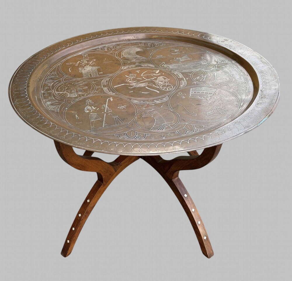 Egyptian Revival Engraved Copper Tray Table on Stand