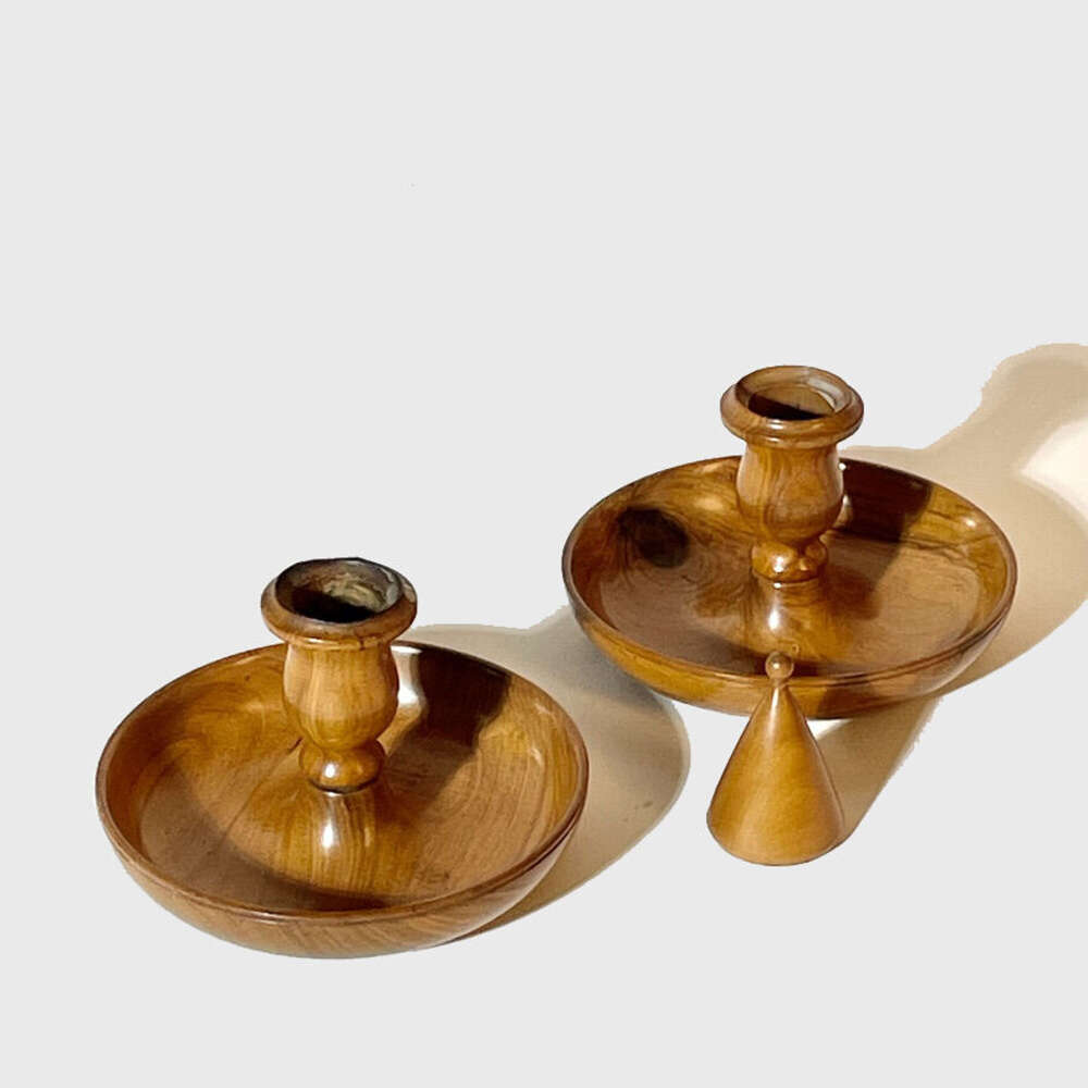 Pair olive wood travelling candlesticks