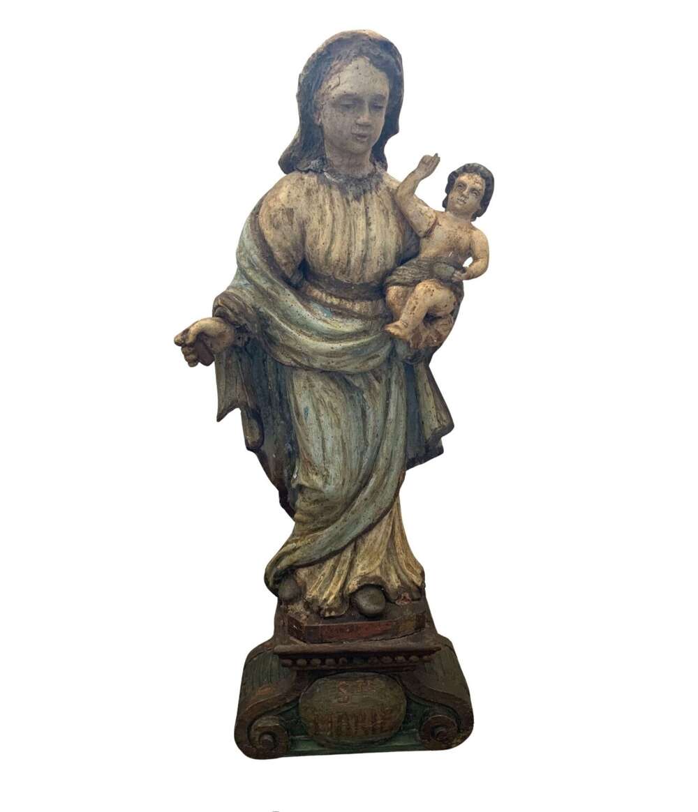 C18th carved wood polychrome baroque Madonna & child on scrolled detail base