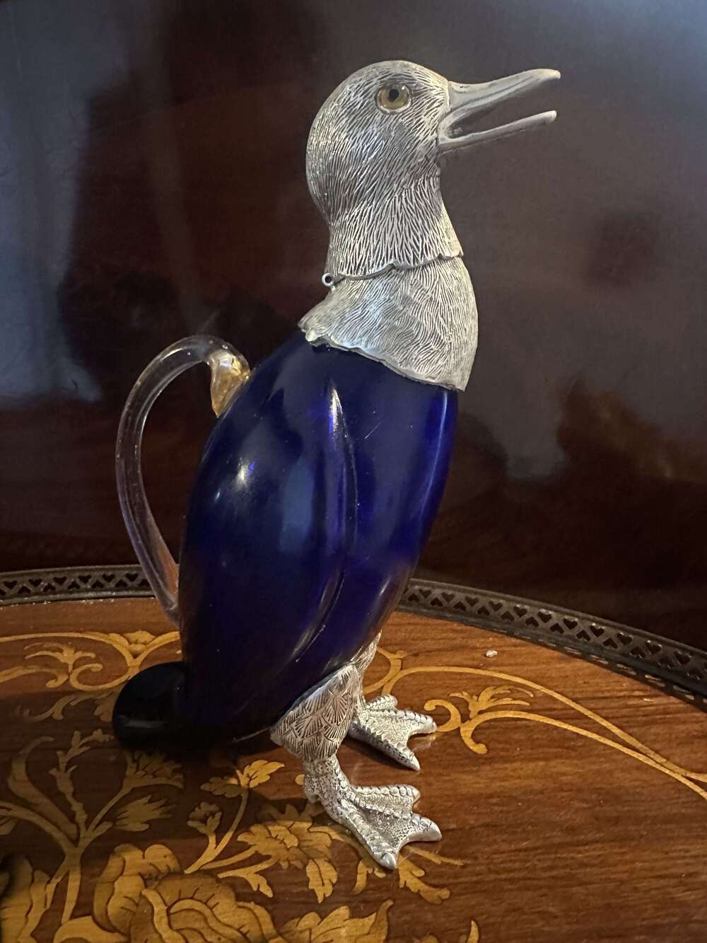 Blue Glass & Silver Plated Duck Decanter claret jug