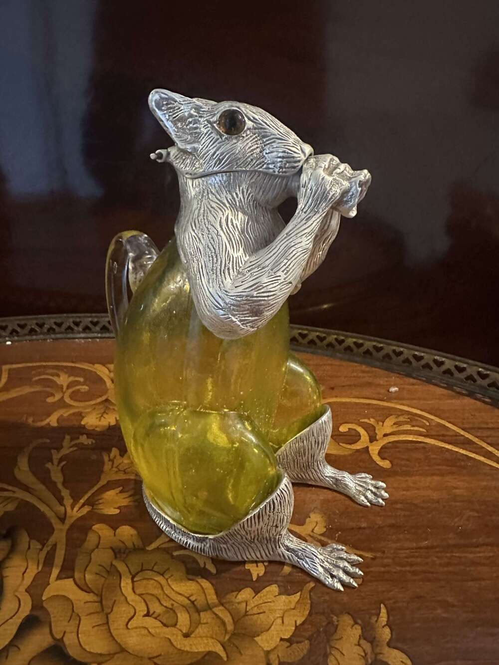 Silver Plated & Yellow Glass Squirrel Decanter