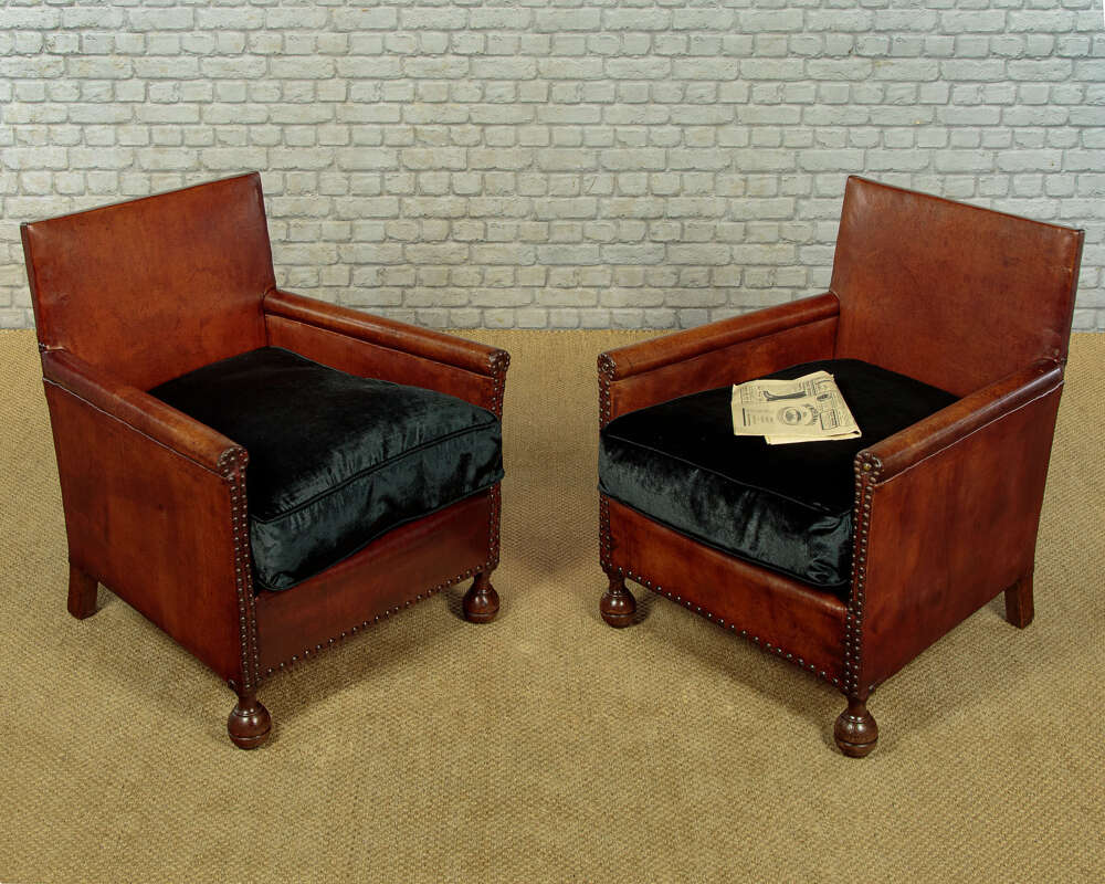 Pair Of Small Leather Bothy Armchairs C.1920