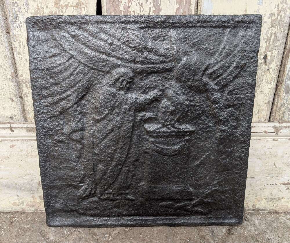FB0217 A RECLAIMED SQUARE ANTIQUE CAST IRON FIRE BACK WITH BIBLICAL SCENE
