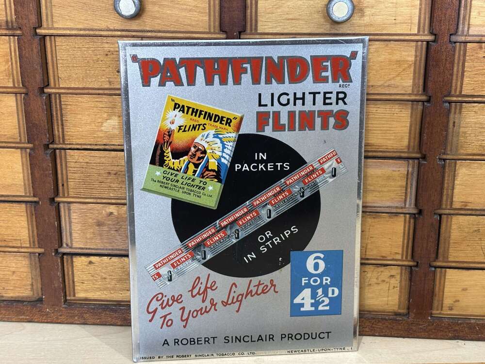 R. Sinclair Newcastle. Pathfinder Cigarette Lighter Tin advertising Sign c1930s