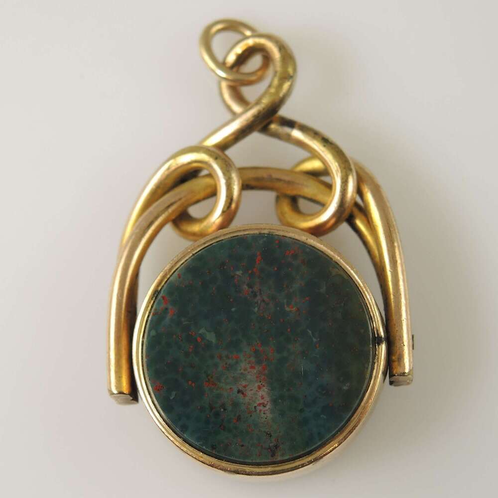 English antique gold plated bloodstone swivel fob. Large. c1910