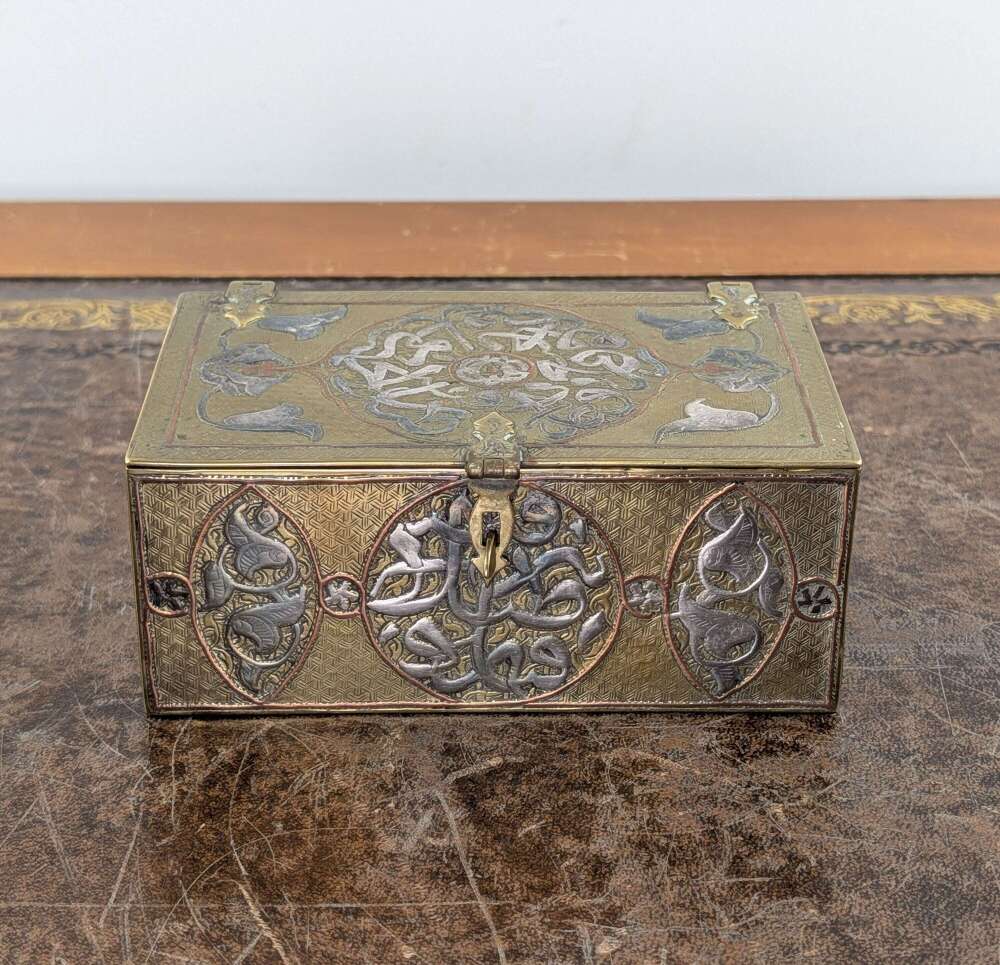 Mamluk Revival casket box with silver & copper inlay circa 1900, Syrian or Egyptian