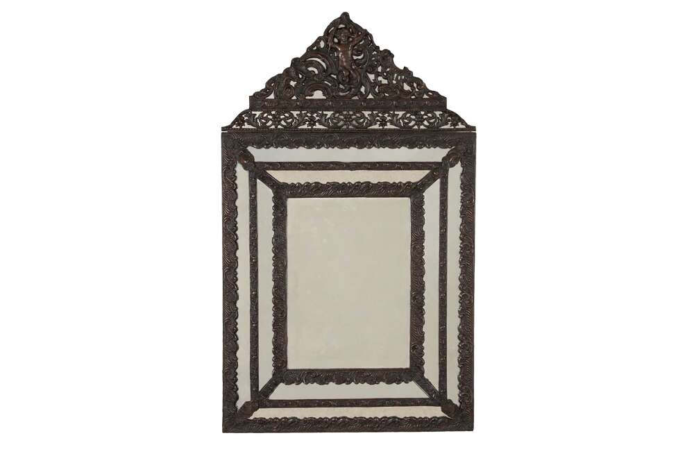 Large French Repouss&Eacute; Brass Cushion Mirror With Cupid Crest