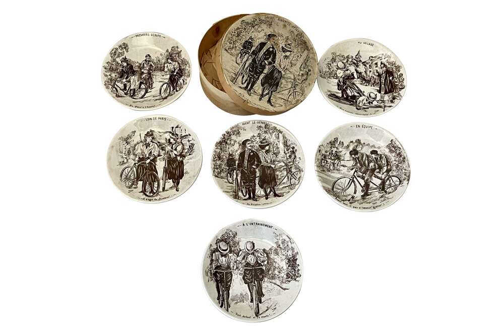 Boxed Set Of Six French Cycling Faience Plates By Sarreguemines