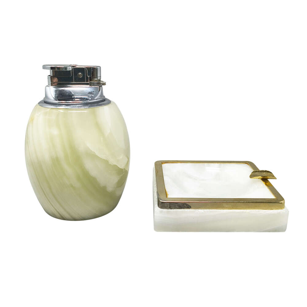 1960s Mid-century Modern Italian Onyx Smoking Set With Table Lighter & Ashtray