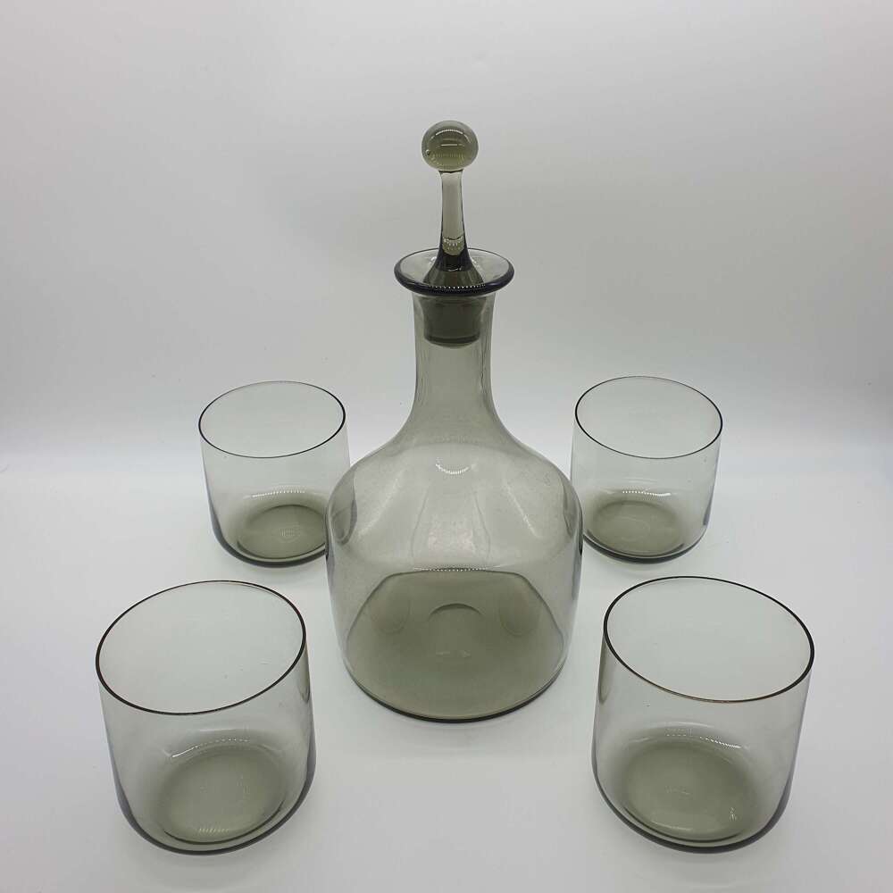 A Gorgeous "Rhapsody" Smoked Glass Decanter & Tumbler Set By Sven Palmqvist For Orrefors.