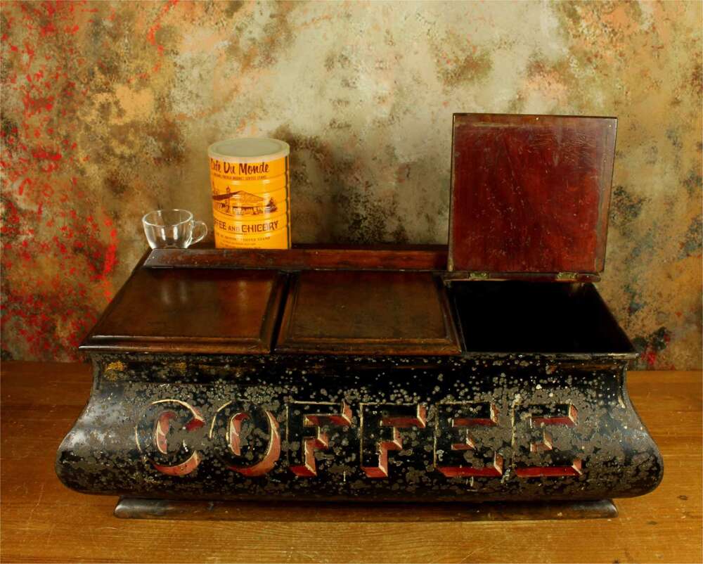 Antique Coffee Shop Tin. Victorian Cafe Toleware Triple Compartment Box.
