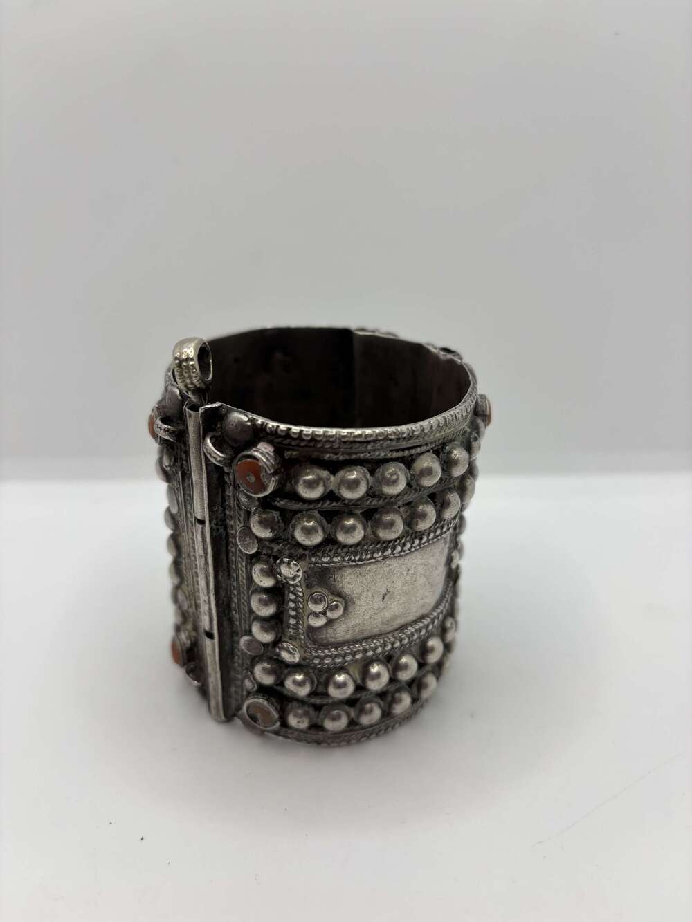Ottoman silver and coral cuff, circa 1880. Bedouin or West Yemen. 4.54 ozt.
