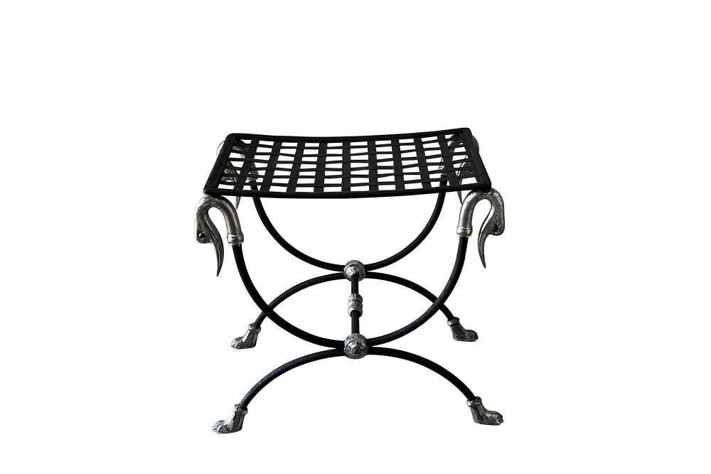 Mid-century French Curule Stool With Swan Head Terminals