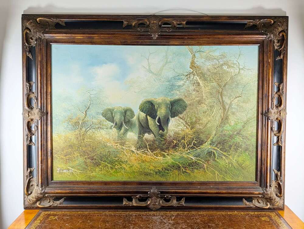 Huge South African wildlife oil painting with elephants and ornate wood frame, J. Carley