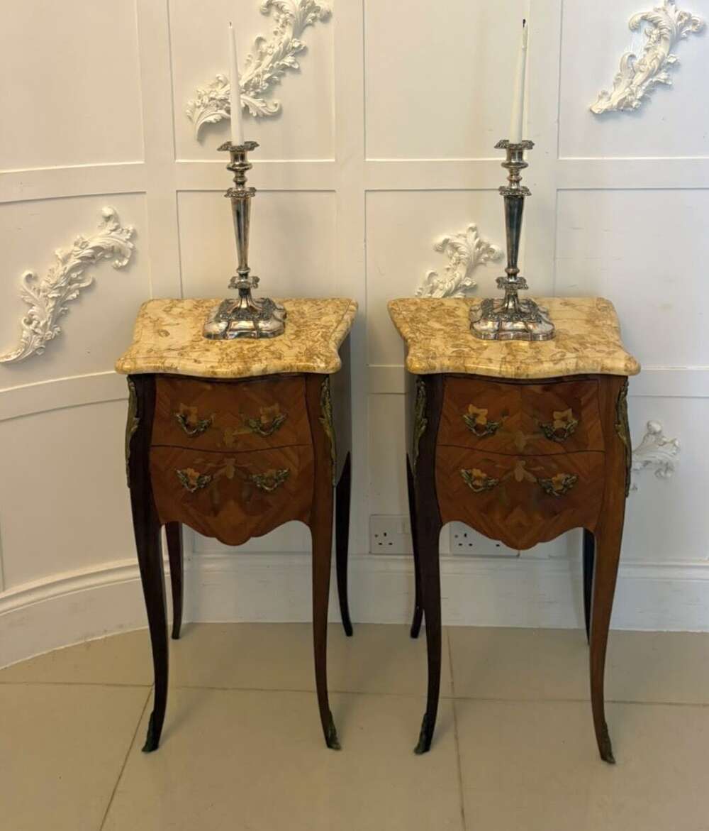 Antique Pair French Kingwood Marquetry Inlaid Marble Top Bedside Cabinets Nightstands
