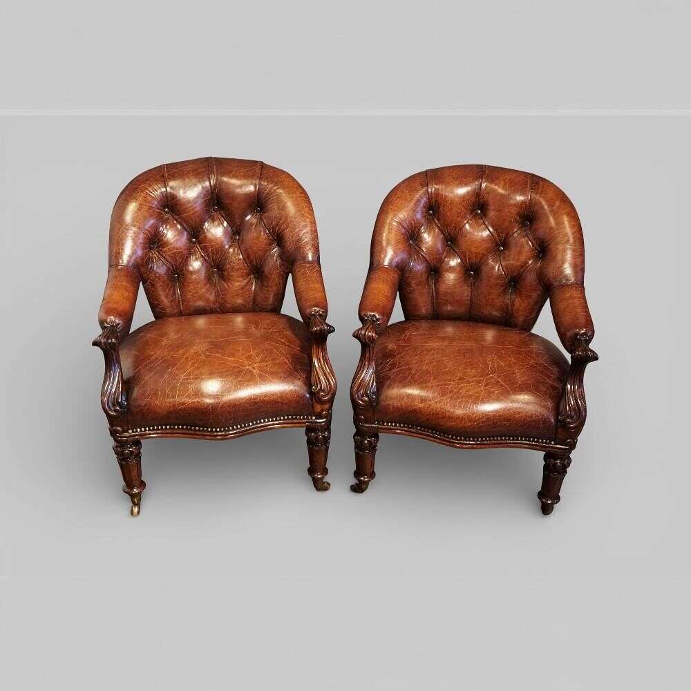 Pair Of Victorian Button Back Leather Easy Chairs
