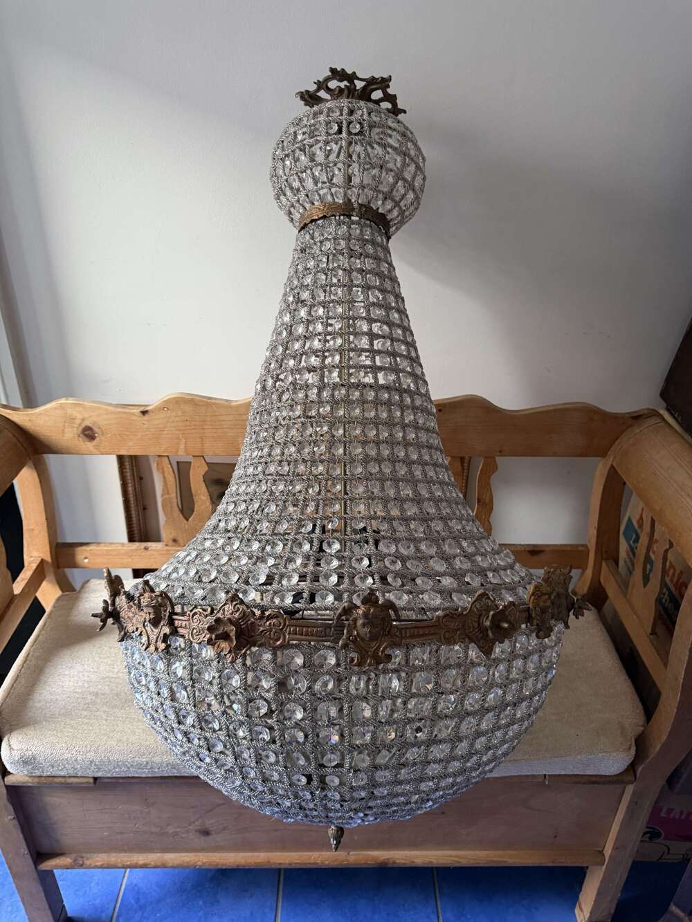 Glass Gilt Brass Bag Lady Chandelier Empire Style Large Hanging Light