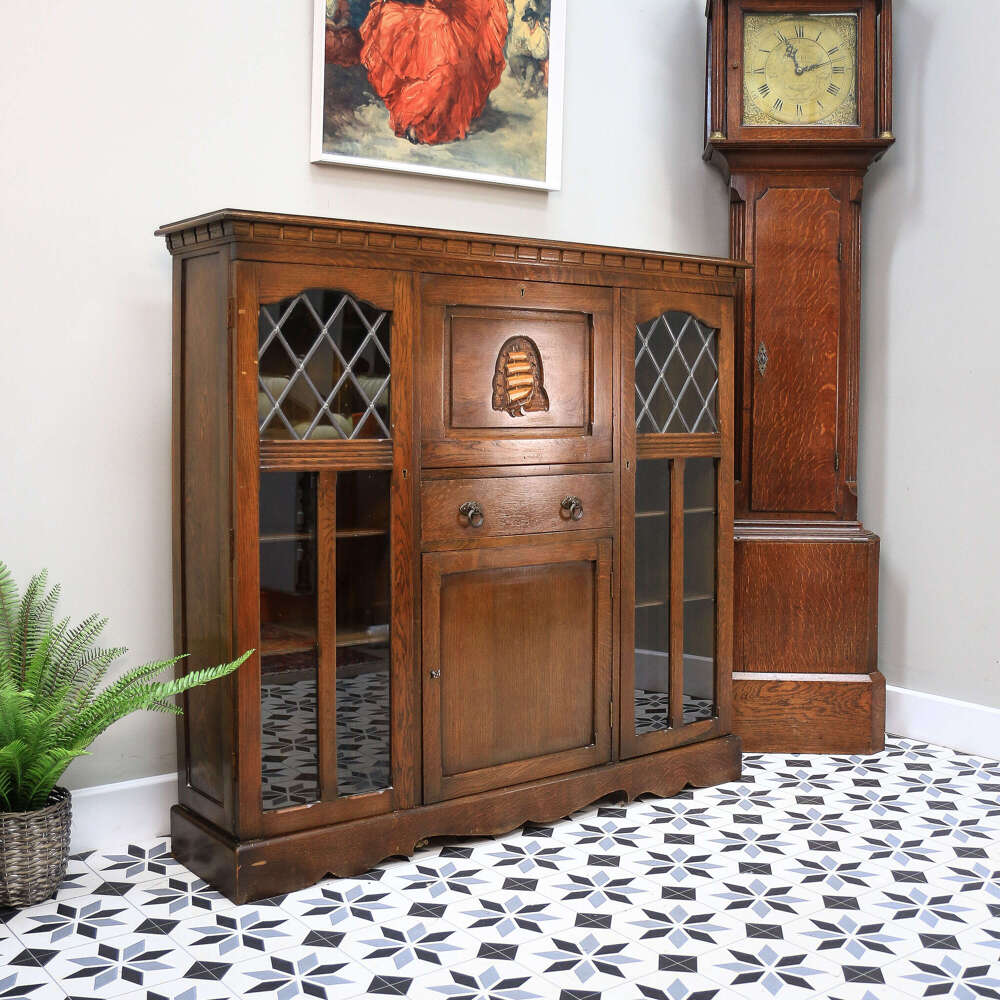 Oak Bookcase Bureau with Leaded Glazed Doors and Drop Down Front