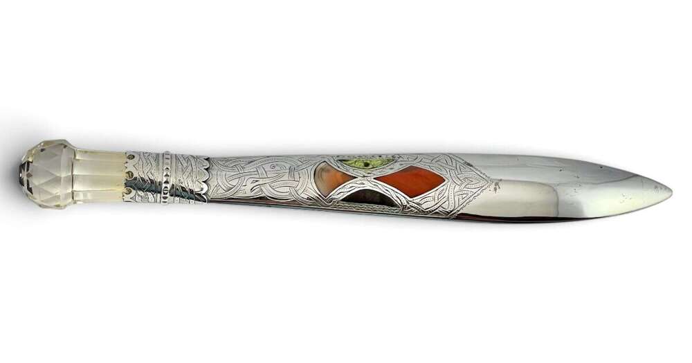 George V antique silver, agate and smokey quartz paper knife, Edinburgh 1932.