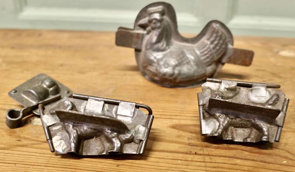 Four Early Chocolate Molds, Chicken, Dog, Cat and Toque Blanche