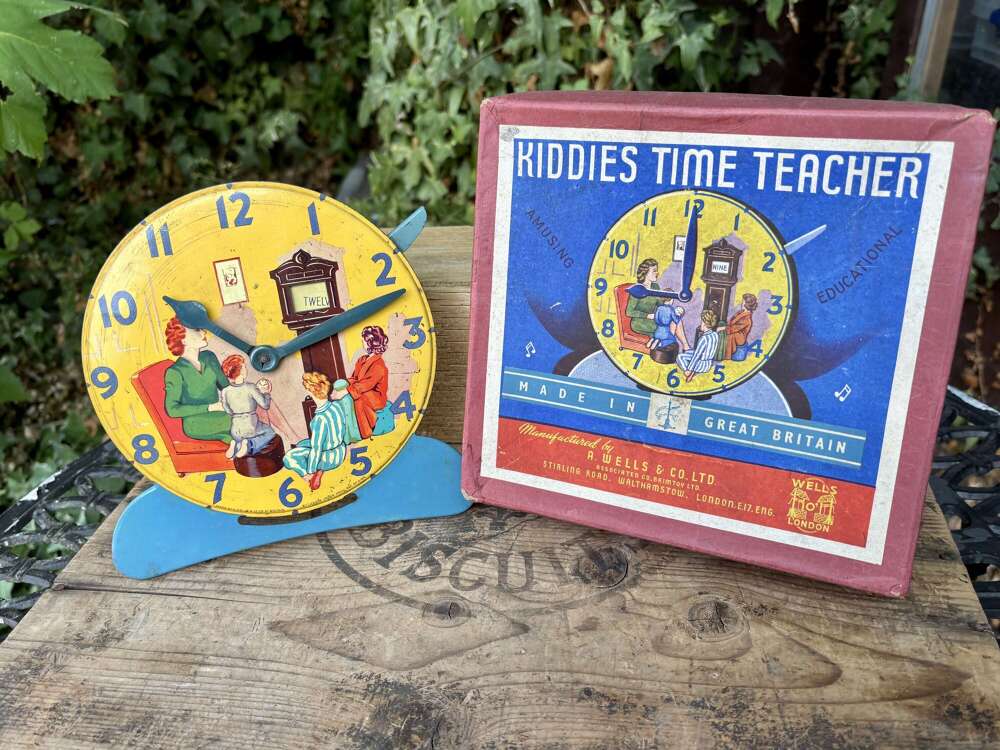 Wells Brimtoy Kiddies Time Teacher Educational Tin Toy in Box c1956-7