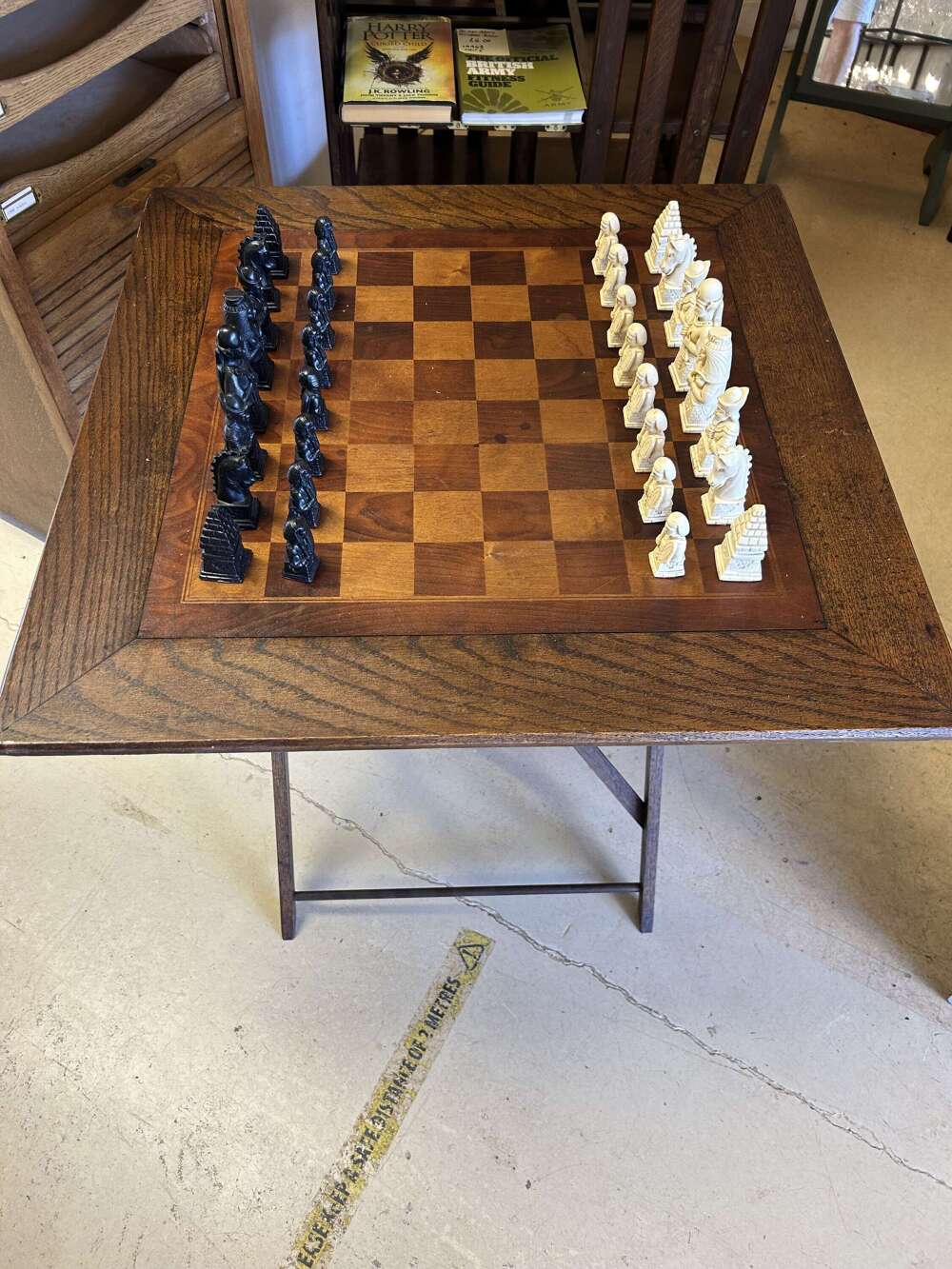 Vintage Collapsible Chess Table with Egyptian Chess Set