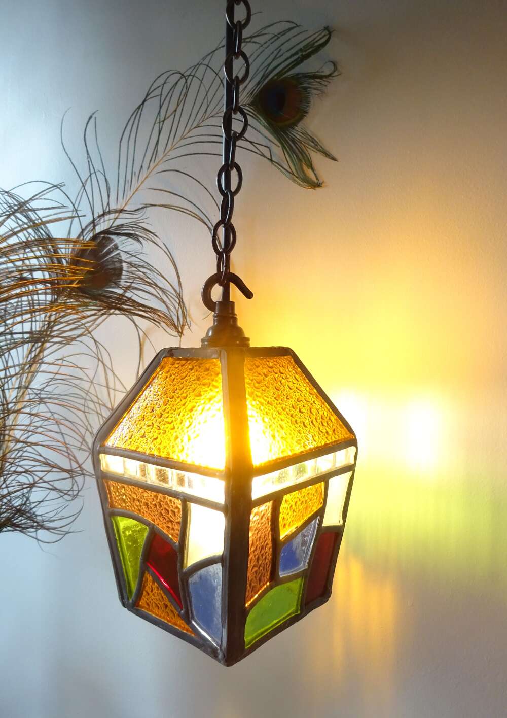 Antique Lead Coloured Glass Hall / Porch Ceiling Light