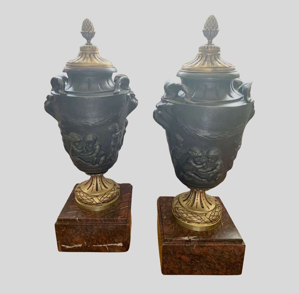 Pair of C19th Neoclassical bronze and marble Cassolette after work by sculptor Clodion