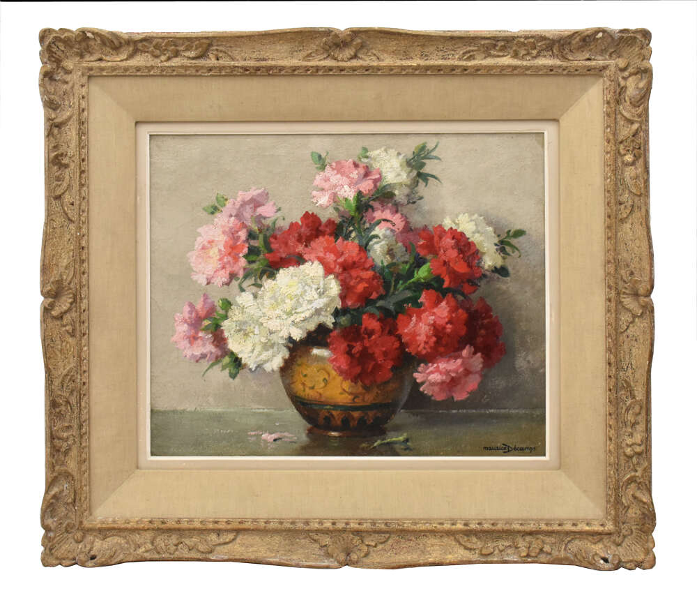 Art Deco Still Life Painting, Flowers Vase Painting, Carnations, Oil On Canvas, Xx