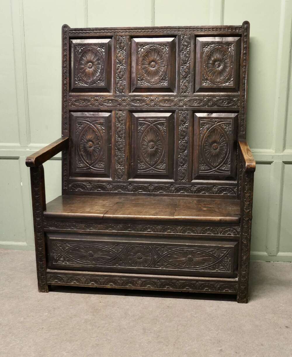 18th Century Carved High Back Oak Box Settle