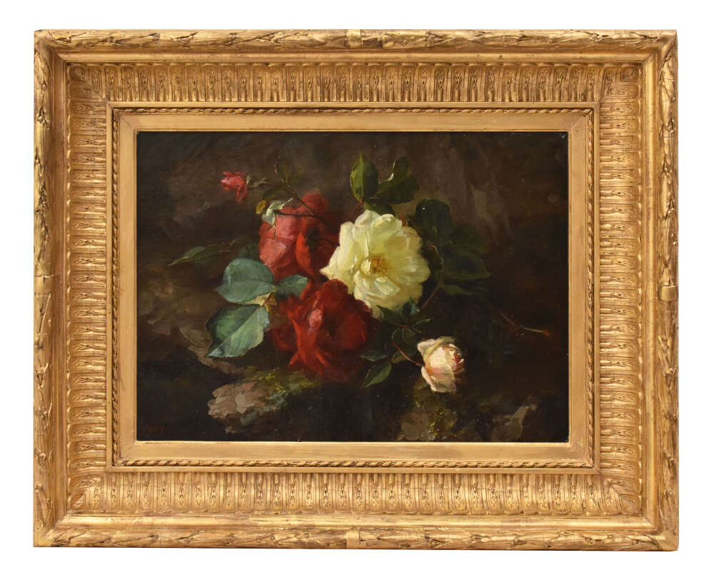 Antique Still Life Painting, Flowers Vase Painting, Red And White Roses, Oil On Canvas