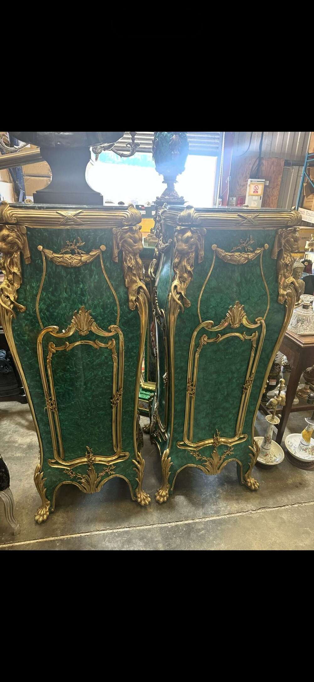 Pair Bronze & Malachite Style Pedestals Faux Malachite Decorative