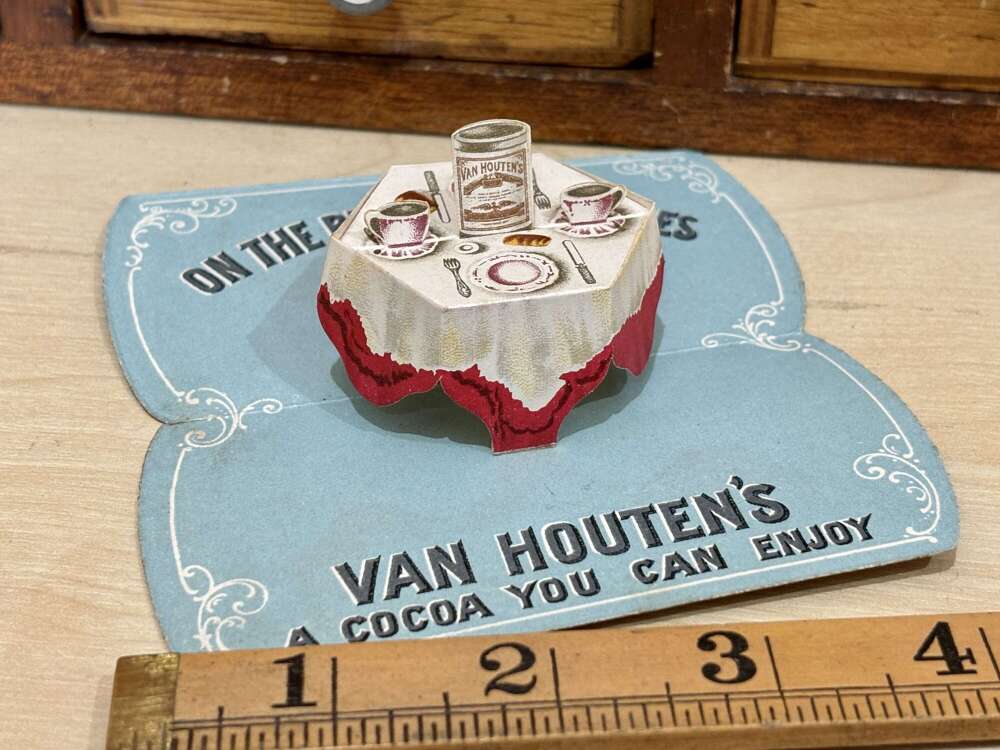 Superb Van Houten's Cocoa Tin Mechanical Fold Out Advertising Trade Card Ephemera c1900s