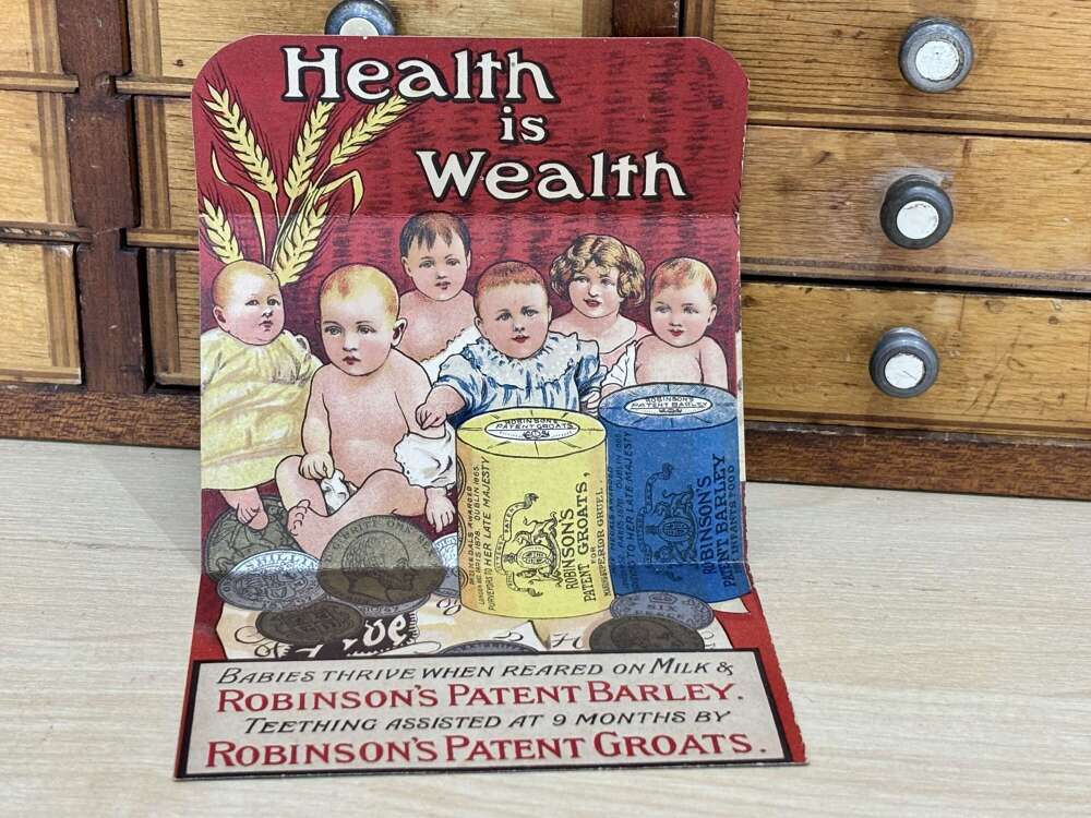 Superb Robinson's Health is Wealth Baby Food Fold Out Advertising Trade Card c1900s