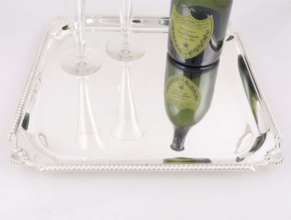 Antique Silver Plated Drinks Cocktail Tray. Square Shell Bar Tray. C1920.
