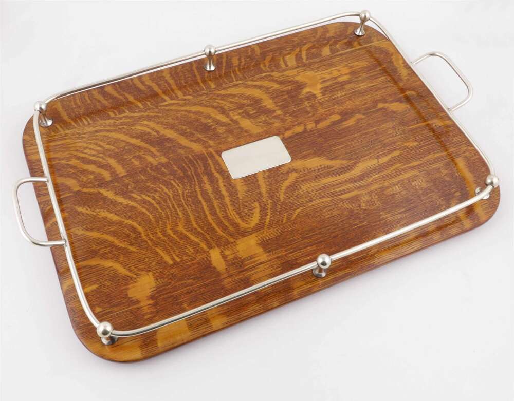 Antique Silver Plate & English Oak Gallery Drinks Tray. Rectangle. C1900.