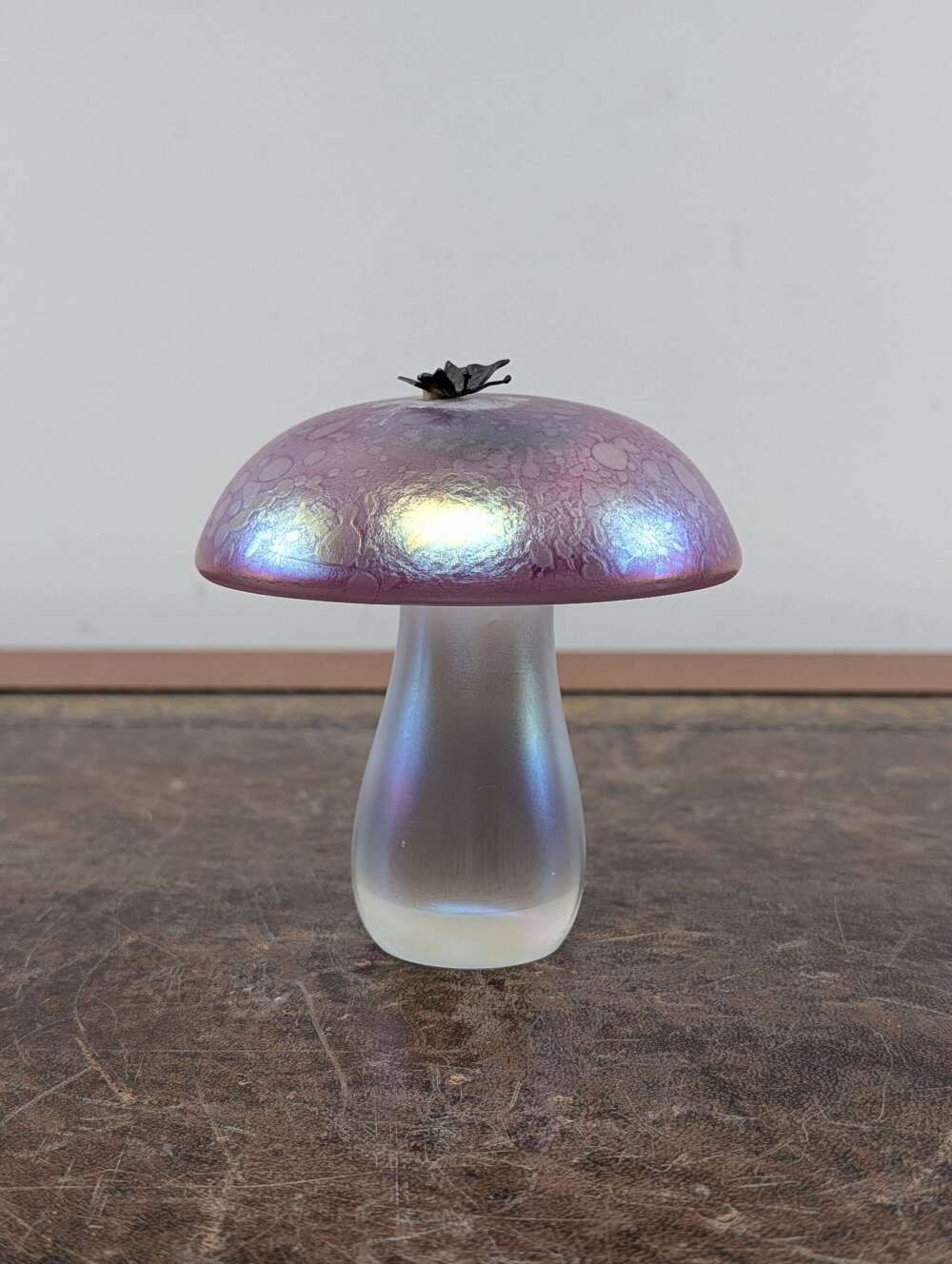 John Ditchfield Glasform large iridescent mushroom with silver butterfly