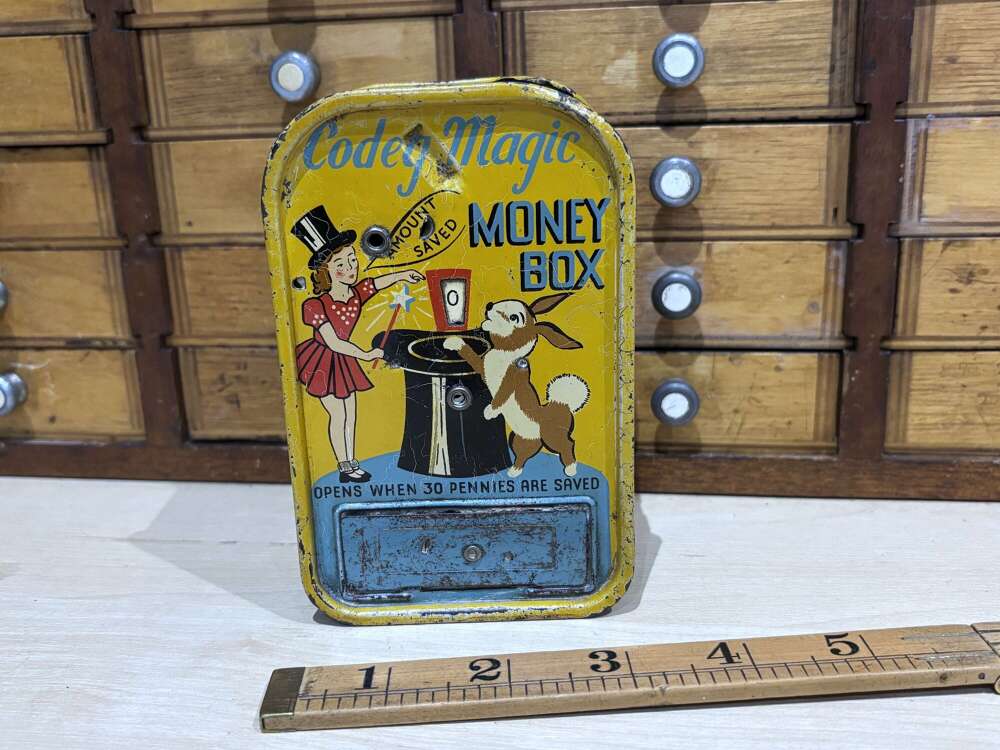 Codeg Magic Mechanical Money Bank / Box Tin Rabbit & Magician Tin c1950s