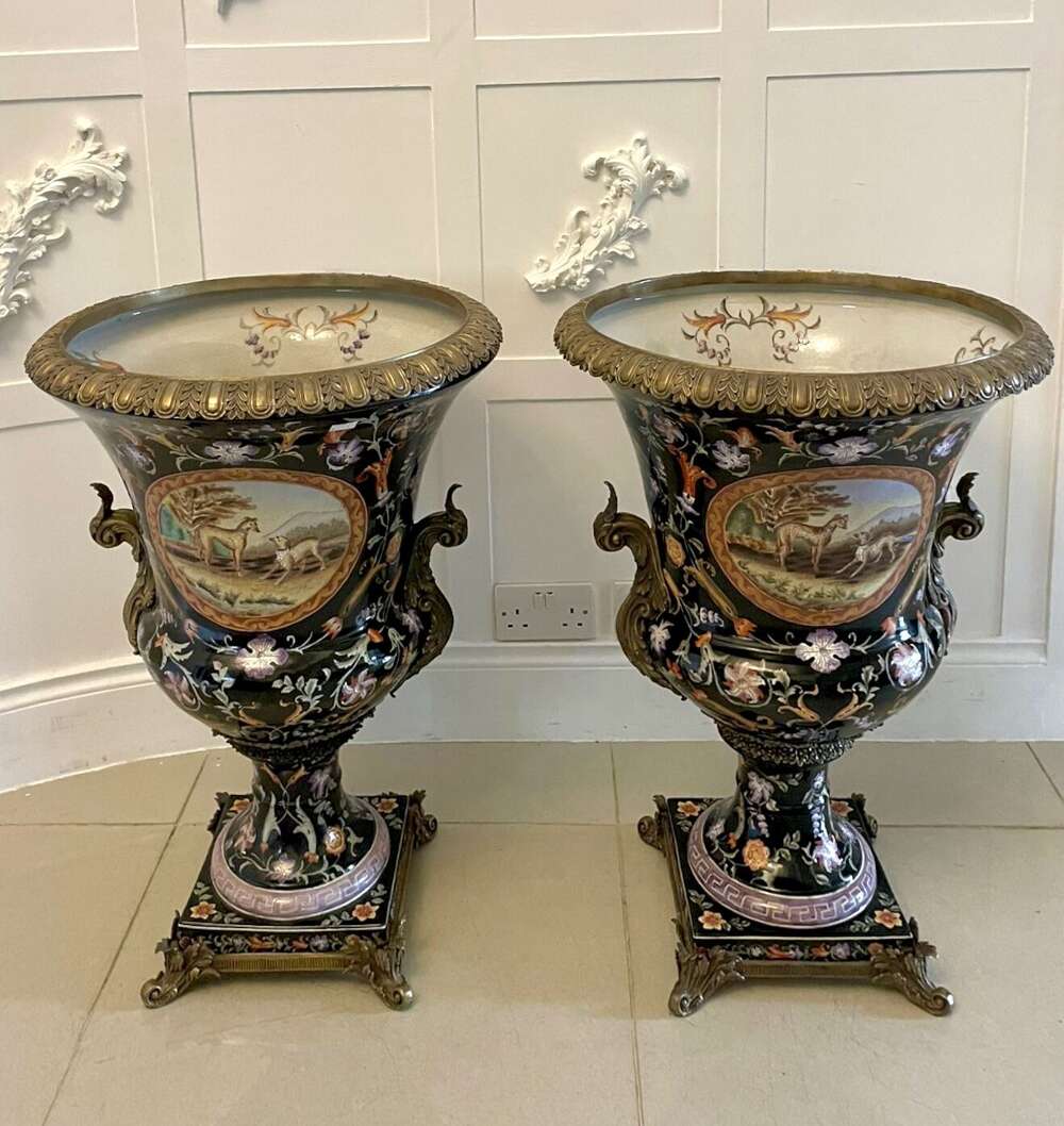 Antique French Porcelain & Brass Mounted Pair Of Jardini&egrave;re Urns