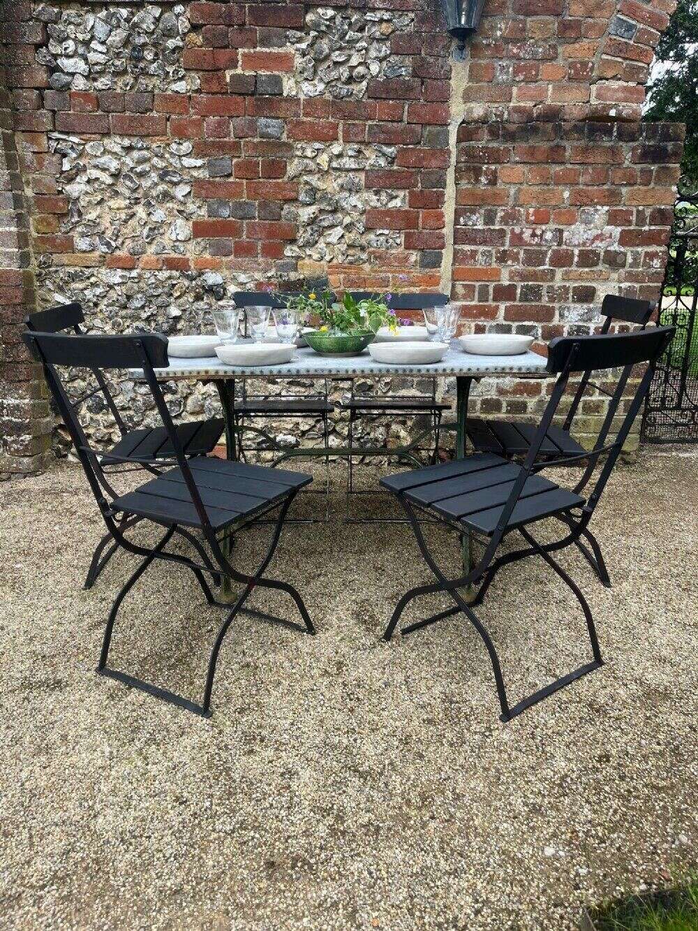 French Zinc Top Garden/Interior Table (c1900) & Six Folding French Ch